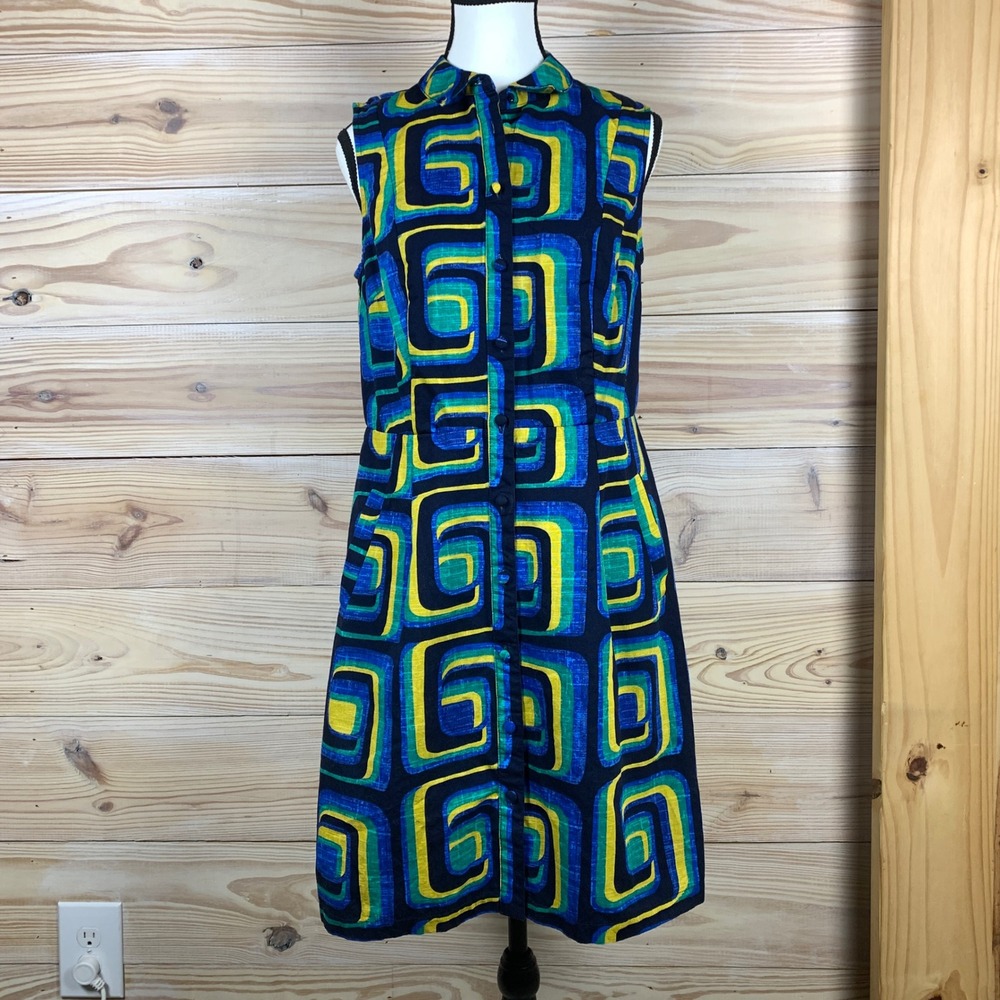 Boden Shirt Dress Women 8R Blue Green Yellow Retro Geometric Spiral Cotton